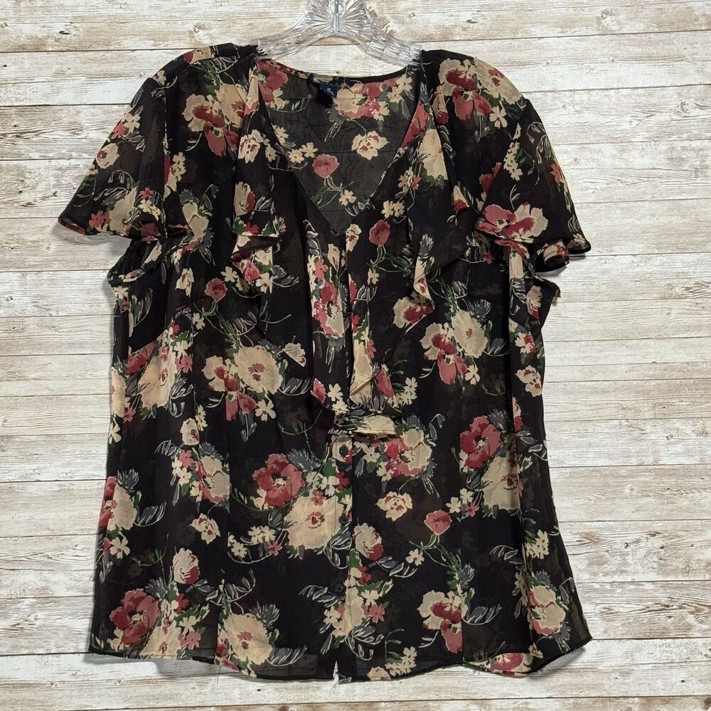 Chaps Black Floral Print Ruffle Neck Cap Sleeve Sheer Blouse Sz 1X Boho Peasant